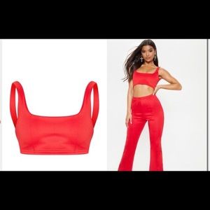 Prettylittlething Red Square Neck Zip Top SZ 0